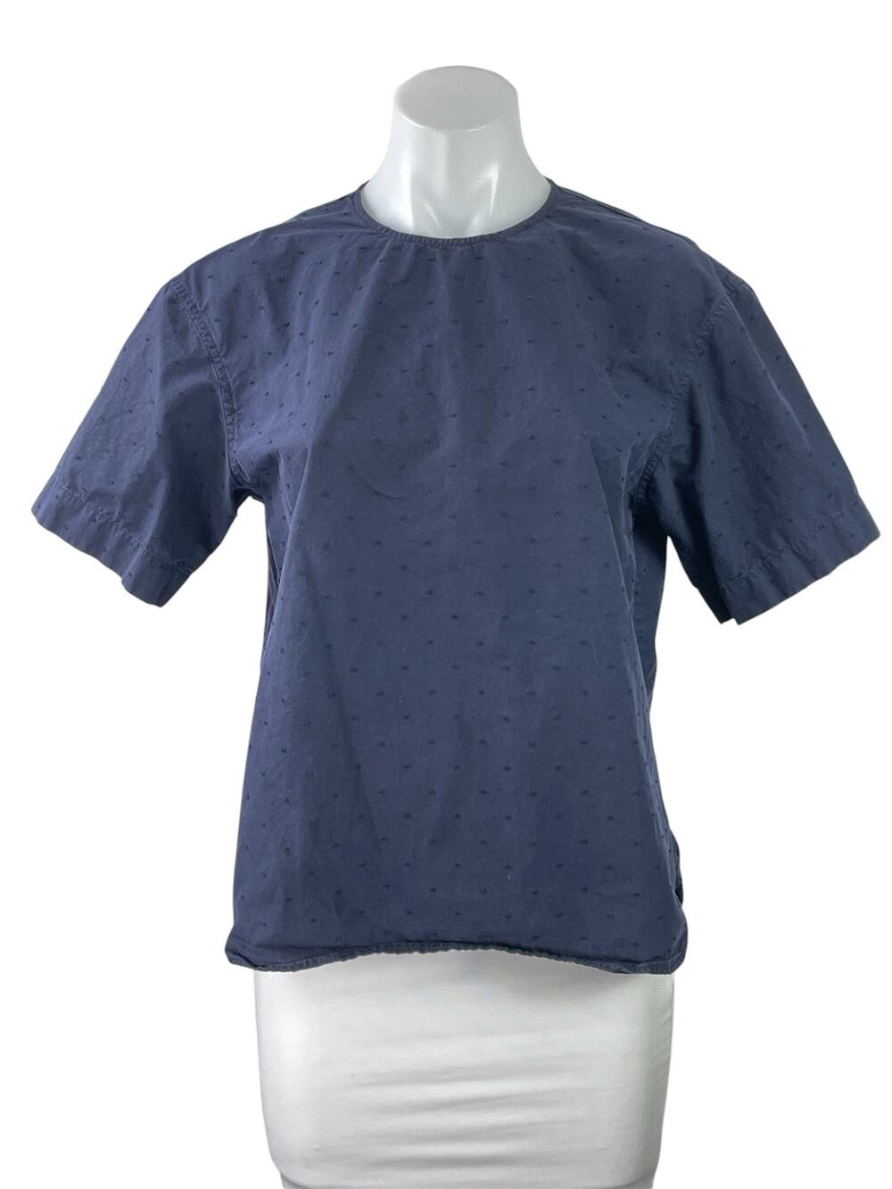 Uniqlo Women's Navy Blue Swiss Dot Short Sleeve Crew Neck Blouse Top Size S